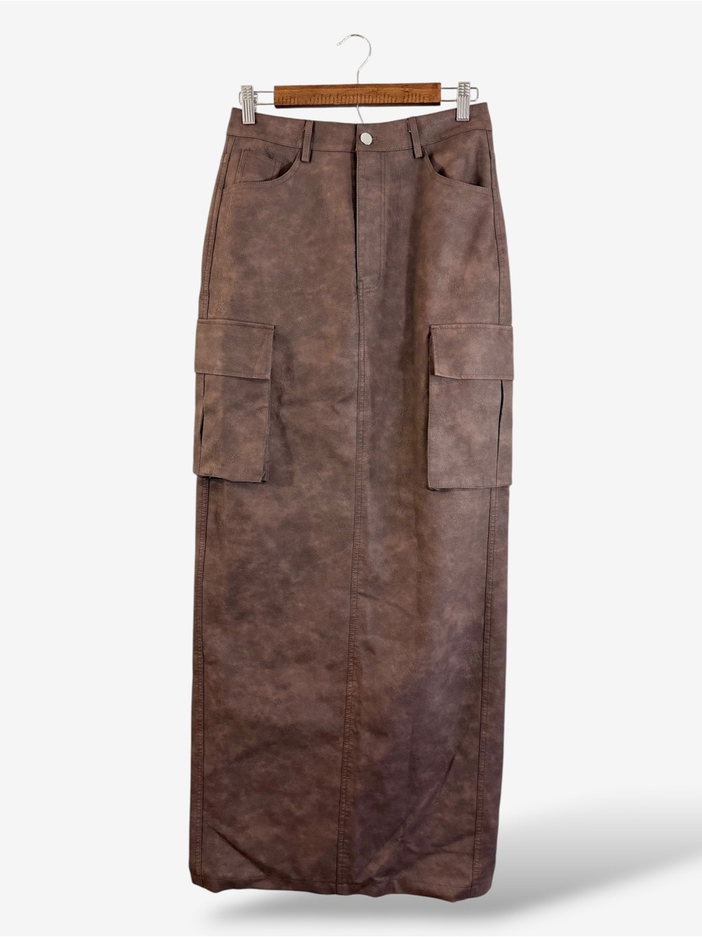Pretty Little Thing Faux Leather Maxi Skirt US 4 Tall Cargo Pocket Slit Back